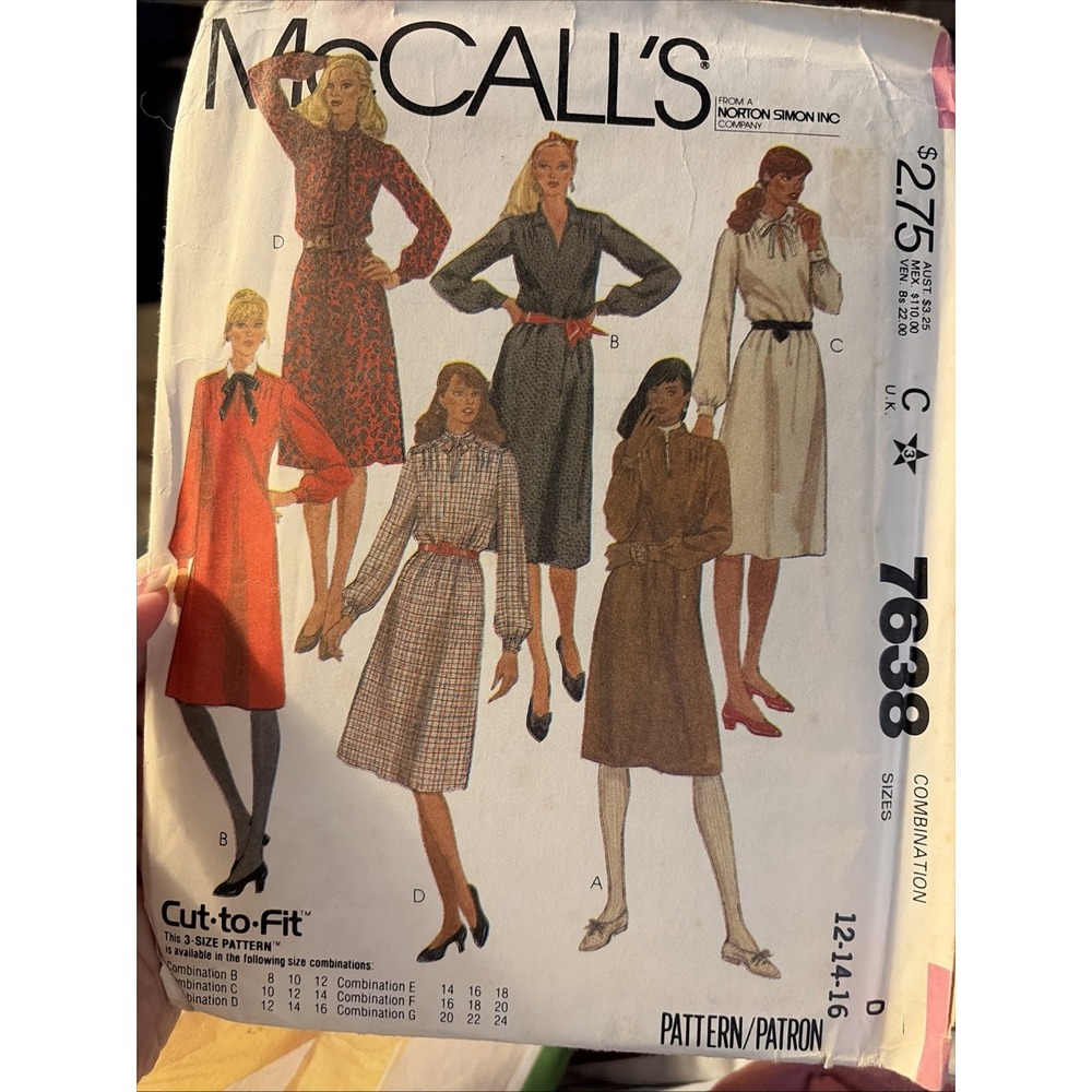 McCall’s Sewing Pattern 7638 Dress With Collar Size 12-16 Vtg 1981 Uncut